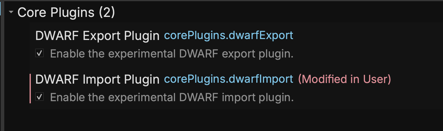 DWARF Import and Export Settings