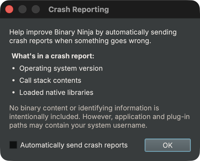Crash reporting opt-in prompt >
