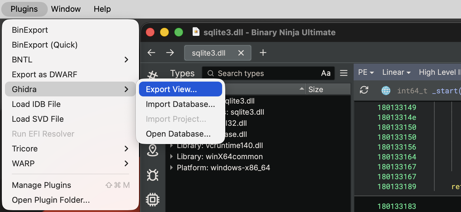 "Plugins" / "Ghidra" / "Export View"