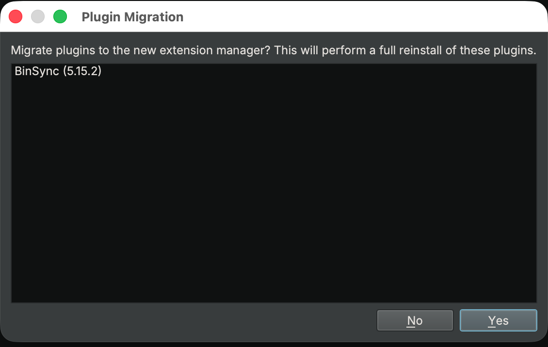 The one-time Plugin Migration dialog, listing BinSync for reinstall