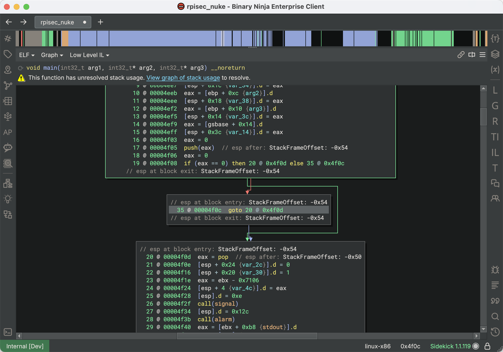 After patching the rogue instruction, the Stack Pointer value no longer diverges in the following Basic Block