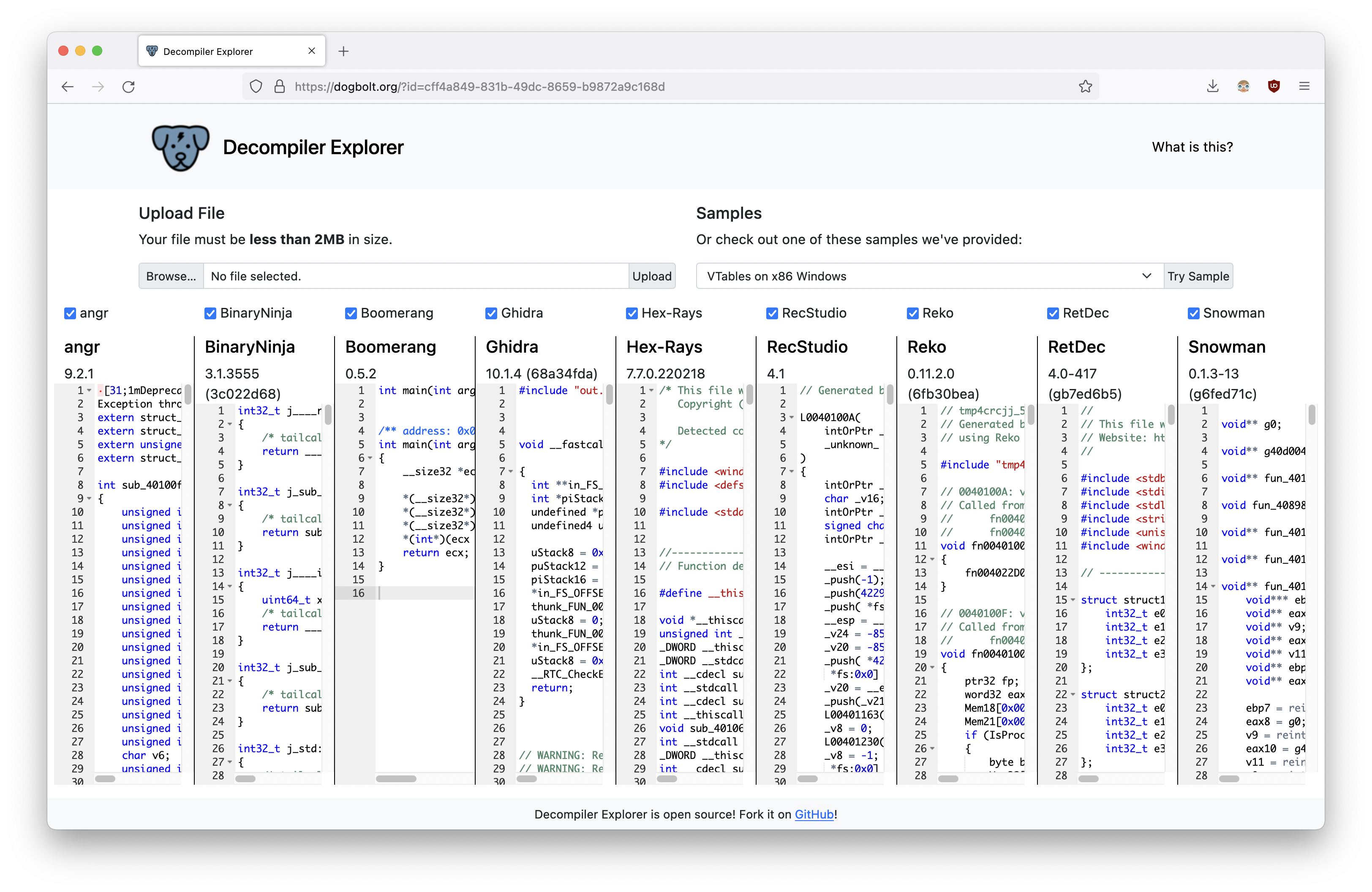 All currently supported Decompiler Explorer backends