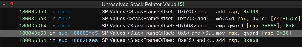Tags with unresolved stack pointer value