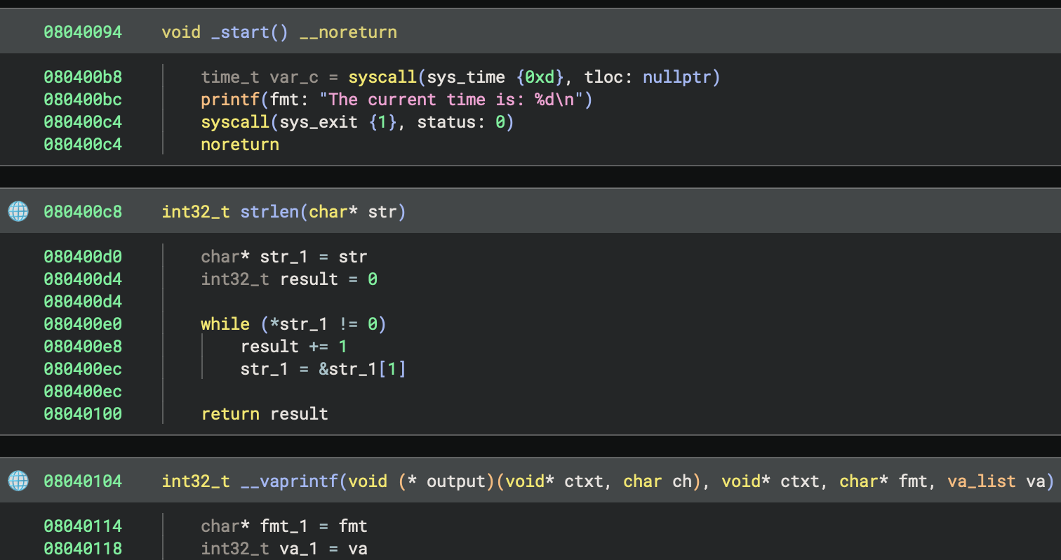 Statically linked standard library functions now have their names and types annotated for us