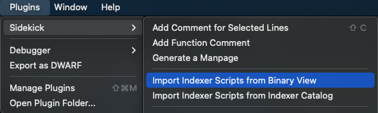 Sidekick Plugin Main Menu - Import Indexer Scripts Actions