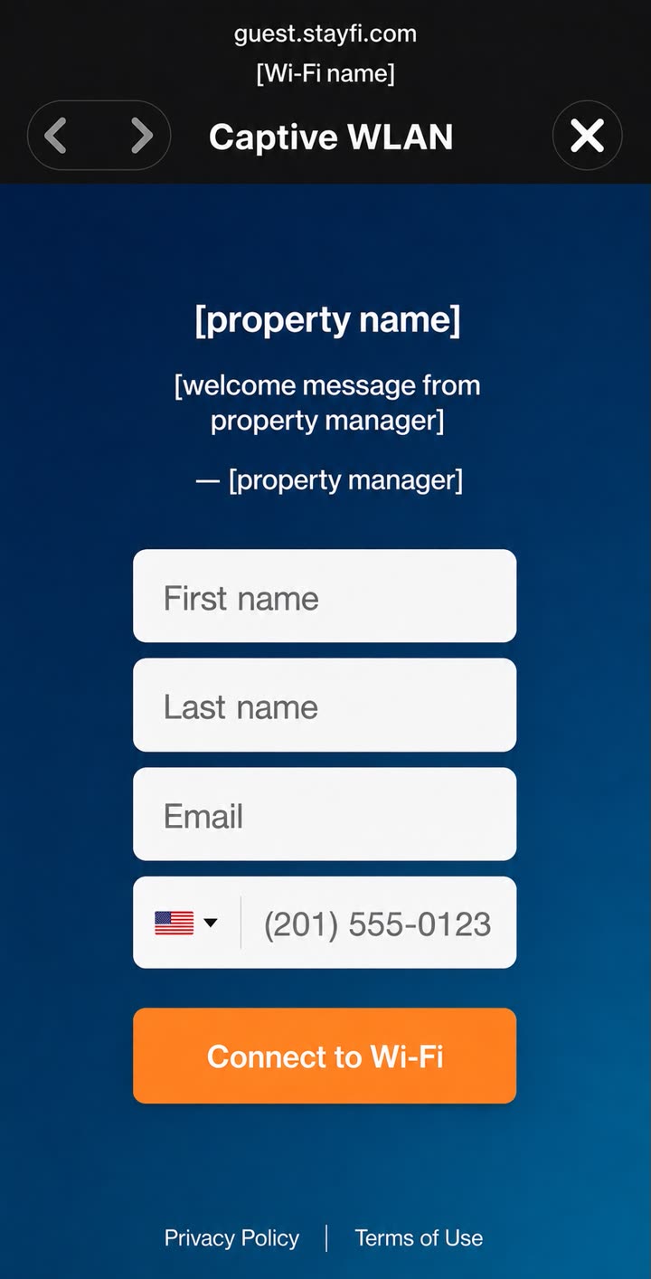 A reconstructed StayFi captive portal with property-specific content replaced by placeholders