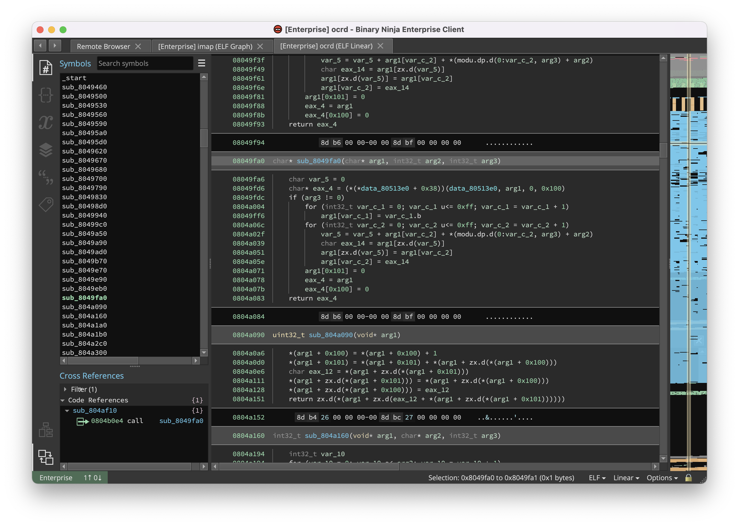 Binary Ninja Enterprise disassembling a binary with HLIL in linear view