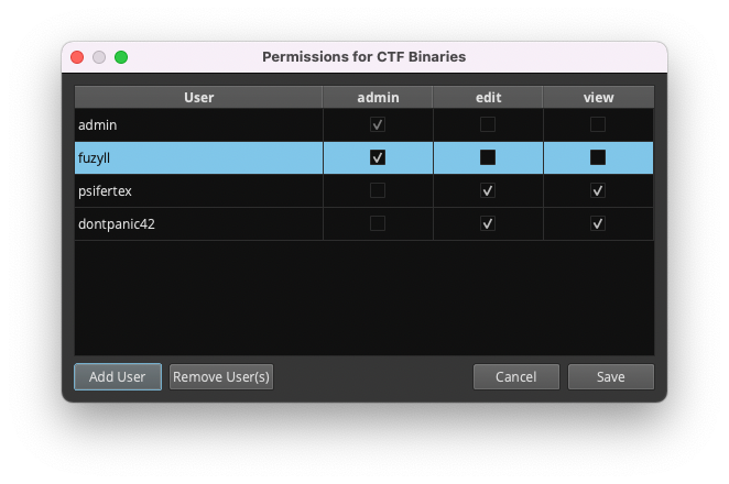 Project permissions dialog in Binary Ninja Enterprise